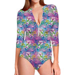 Tropical Flamingo And Hibiscus Print Long Sleeve Swimsuit
