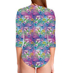 Tropical Flamingo And Hibiscus Print Long Sleeve Swimsuit