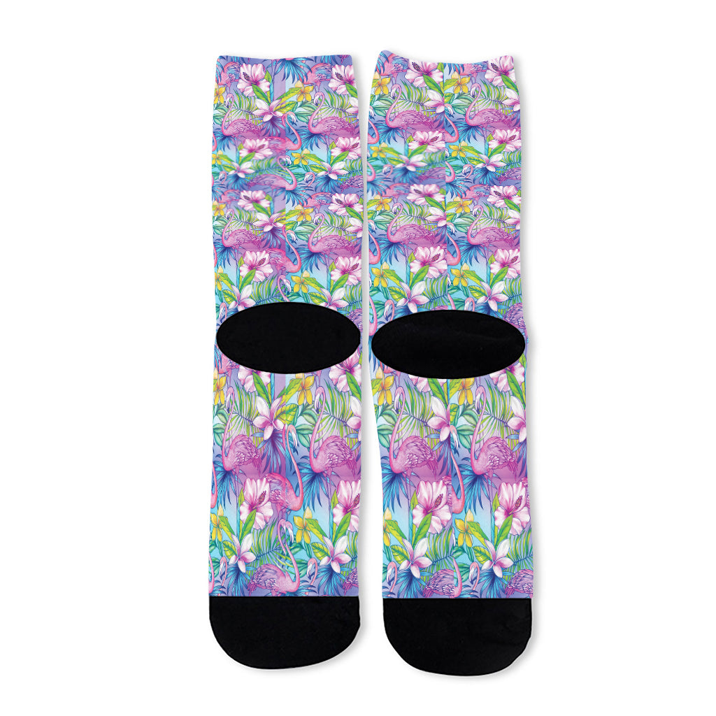 Tropical Flamingo And Hibiscus Print Long Socks