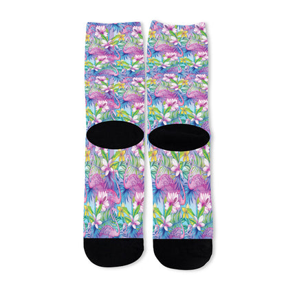 Tropical Flamingo And Hibiscus Print Long Socks