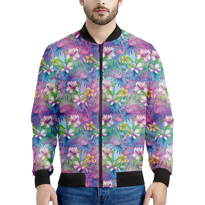 Tropical Flamingo And Hibiscus Print Men's Bomber Jacket