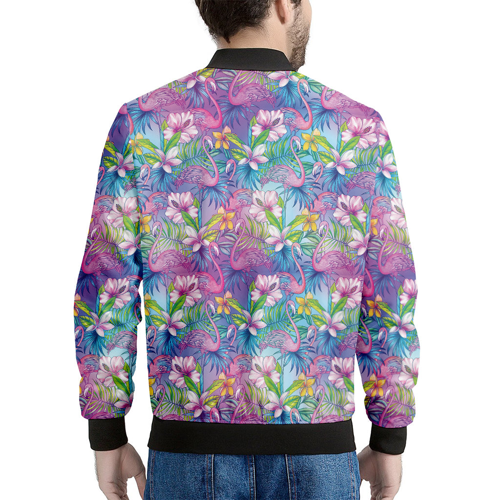 Tropical Flamingo And Hibiscus Print Men's Bomber Jacket