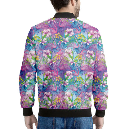 Tropical Flamingo And Hibiscus Print Men's Bomber Jacket
