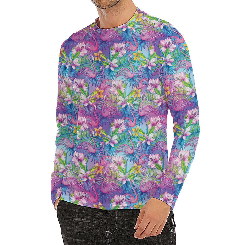 Tropical Flamingo And Hibiscus Print Men's Long Sleeve Rash Guard