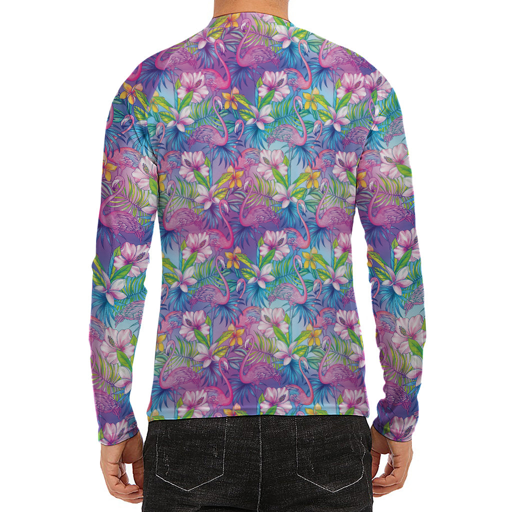 Tropical Flamingo And Hibiscus Print Men's Long Sleeve Rash Guard