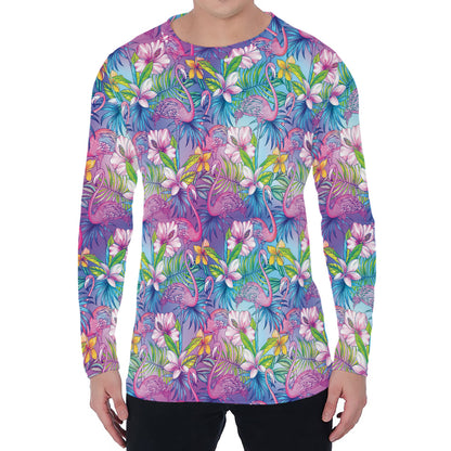 Tropical Flamingo And Hibiscus Print Men's Long Sleeve T-Shirt