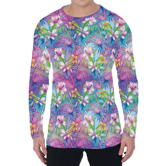 Tropical Flamingo And Hibiscus Print Men's Long Sleeve T-Shirt