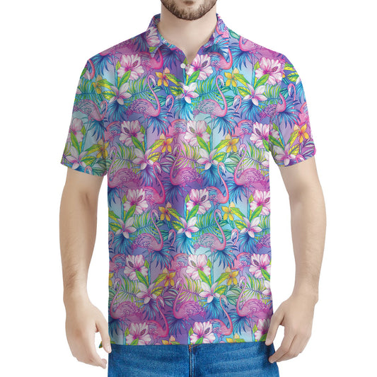 Tropical Flamingo And Hibiscus Print Men's Polo Shirt