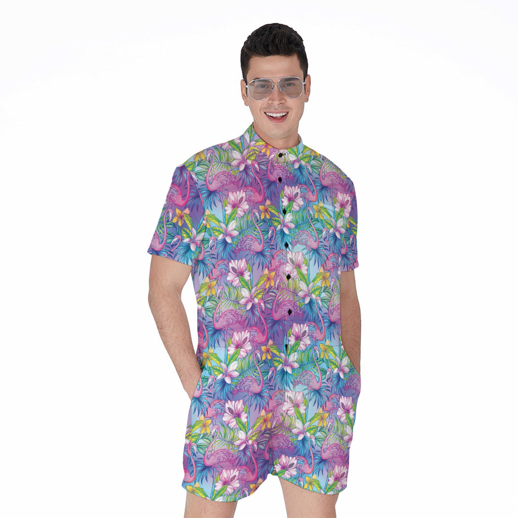 Tropical Flamingo And Hibiscus Print Men's Rompers
