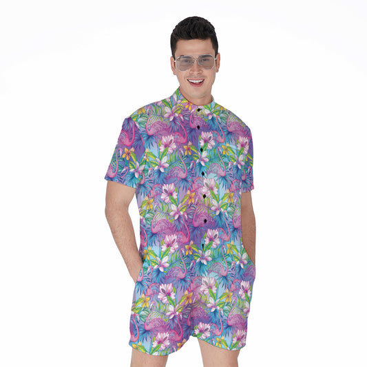 Tropical Flamingo And Hibiscus Print Men's Rompers