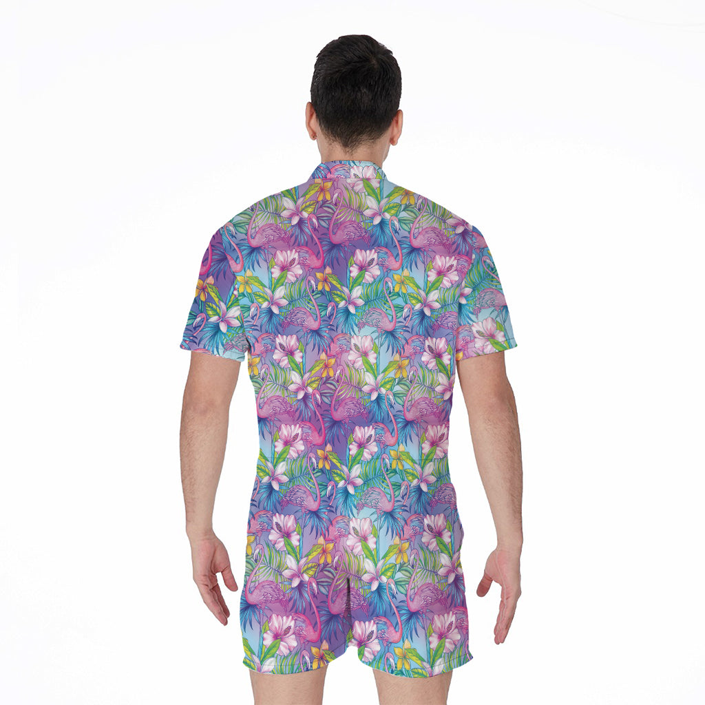 Tropical Flamingo And Hibiscus Print Men's Rompers