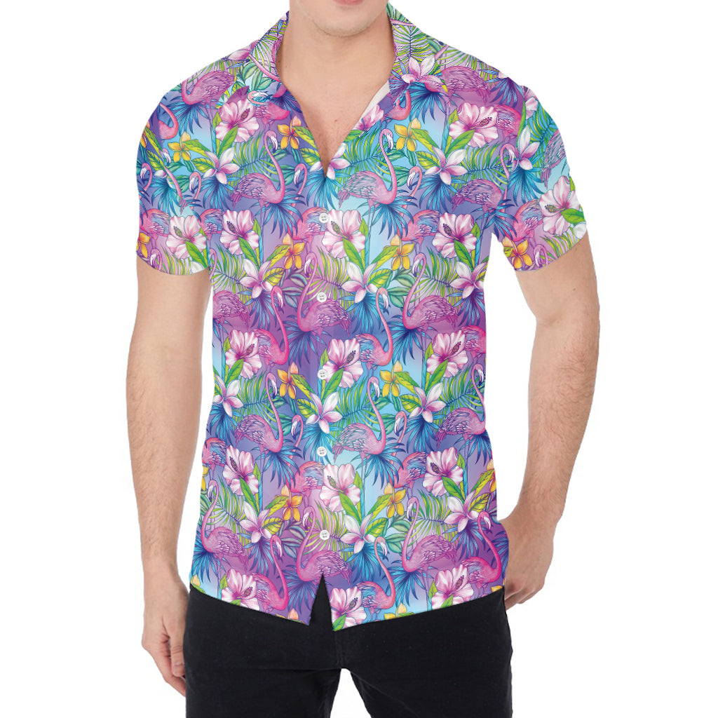 Tropical Flamingo And Hibiscus Print Men's Shirt