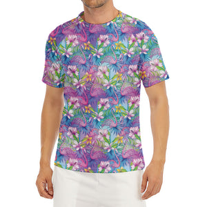 Tropical Flamingo And Hibiscus Print Men's Short Sleeve Rash Guard