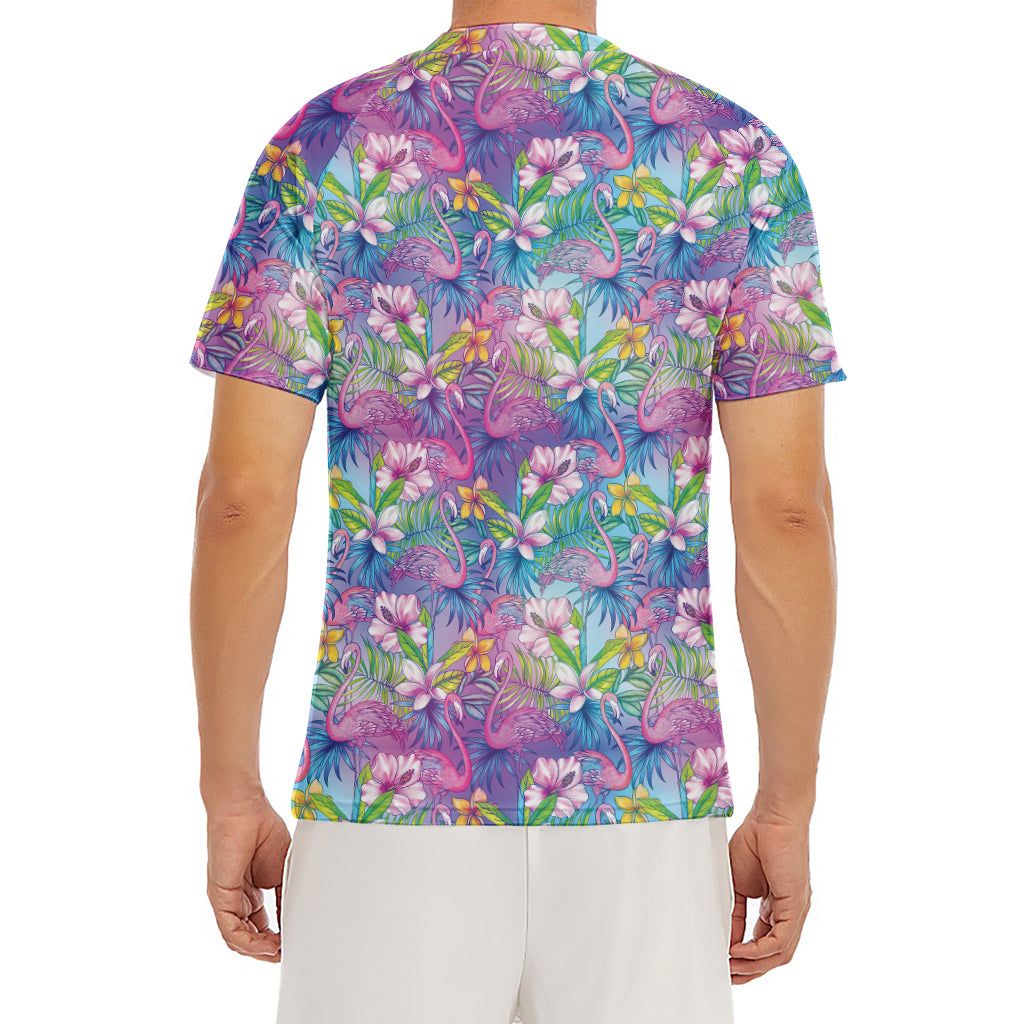 Tropical Flamingo And Hibiscus Print Men's Short Sleeve Rash Guard