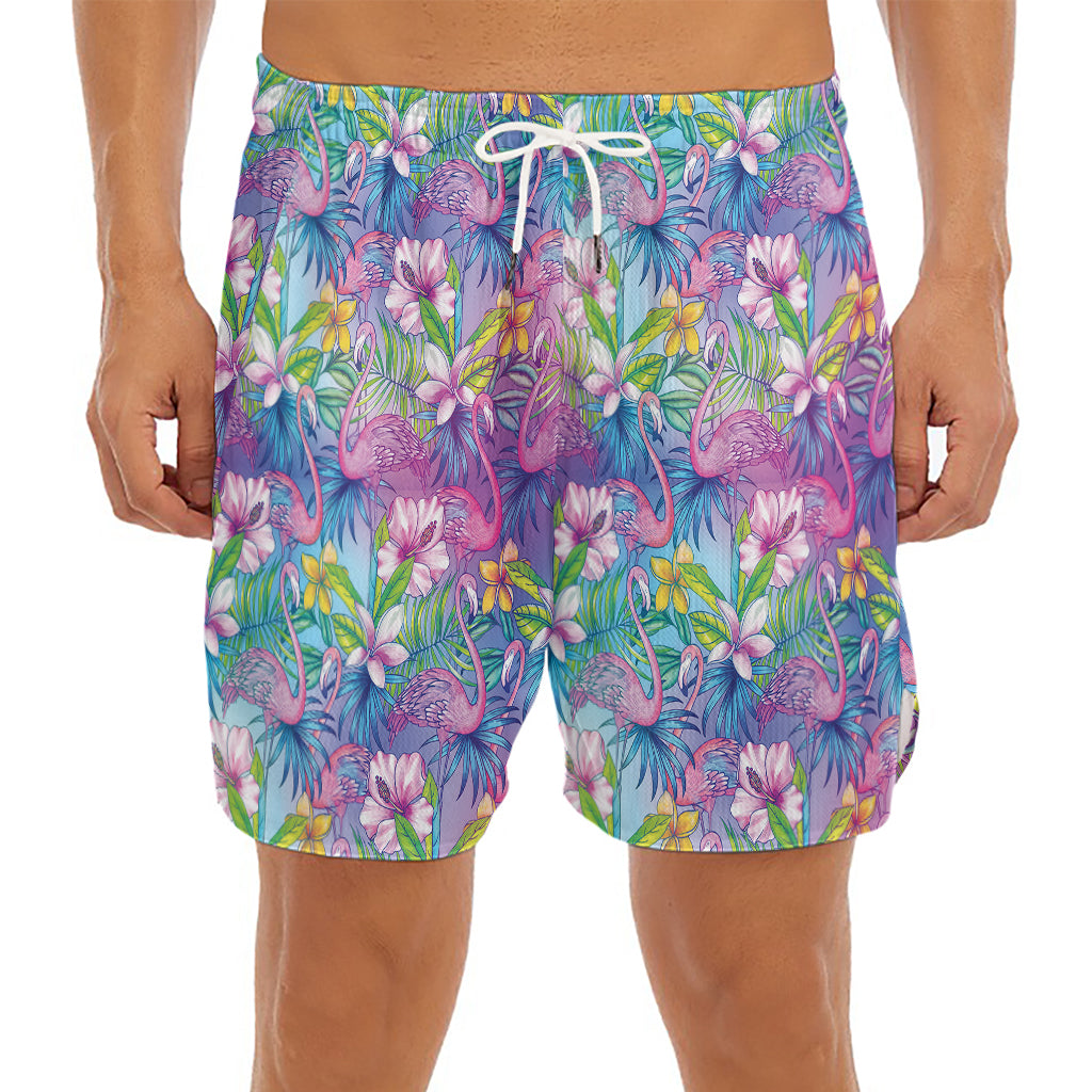 Tropical Flamingo And Hibiscus Print Men's Split Running Shorts