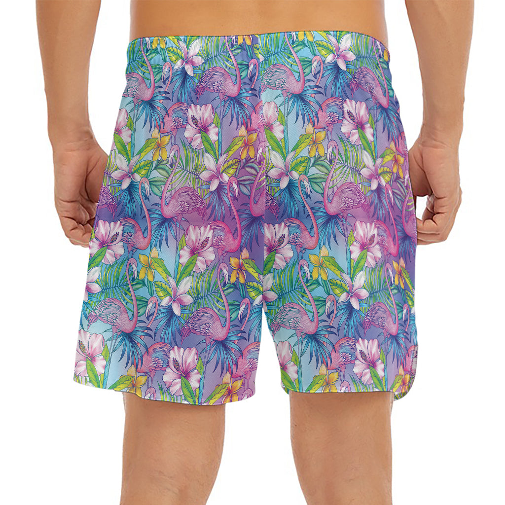 Tropical Flamingo And Hibiscus Print Men's Split Running Shorts