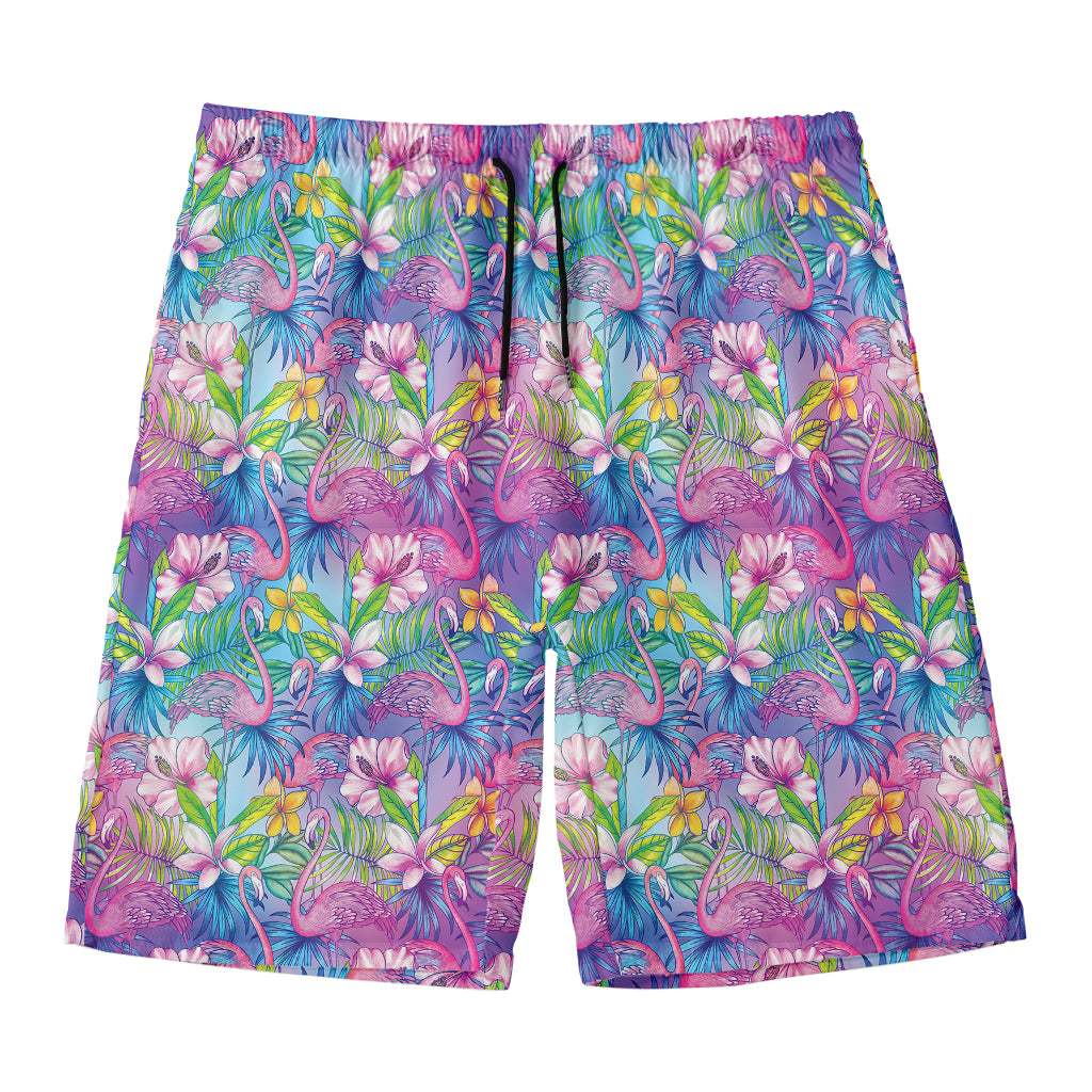 Tropical Flamingo And Hibiscus Print Men's Swim Trunks