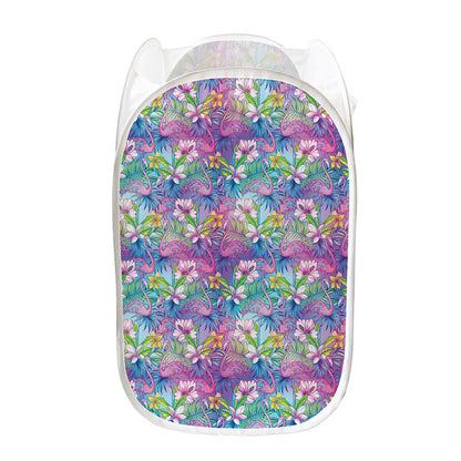 Tropical Flamingo And Hibiscus Print Mesh Laundry Hamper