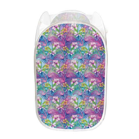 Tropical Flamingo And Hibiscus Print Mesh Laundry Hamper