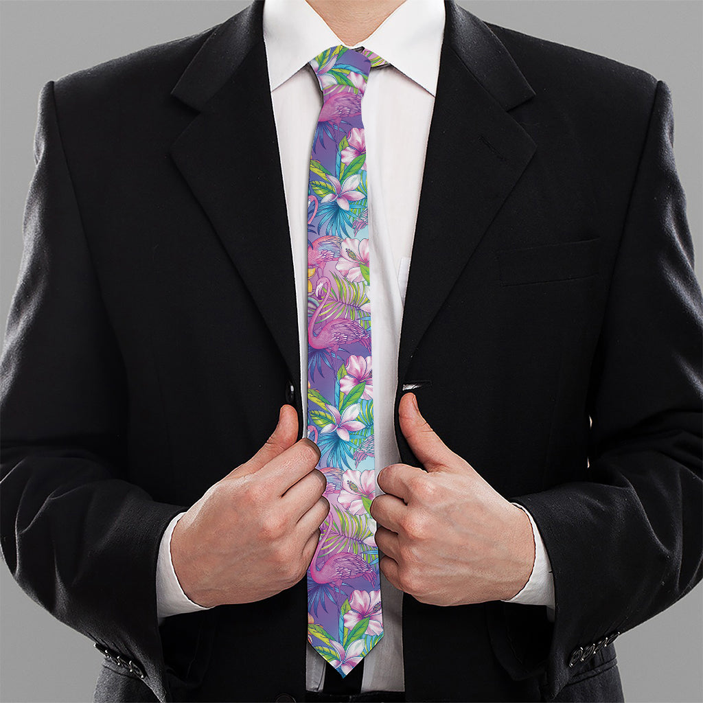 Tropical Flamingo And Hibiscus Print Necktie