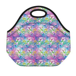 Tropical Flamingo And Hibiscus Print Neoprene Lunch Bag