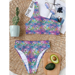 Tropical Flamingo And Hibiscus Print One Shoulder Bikini Top