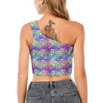 Tropical Flamingo And Hibiscus Print One Shoulder Crop Top