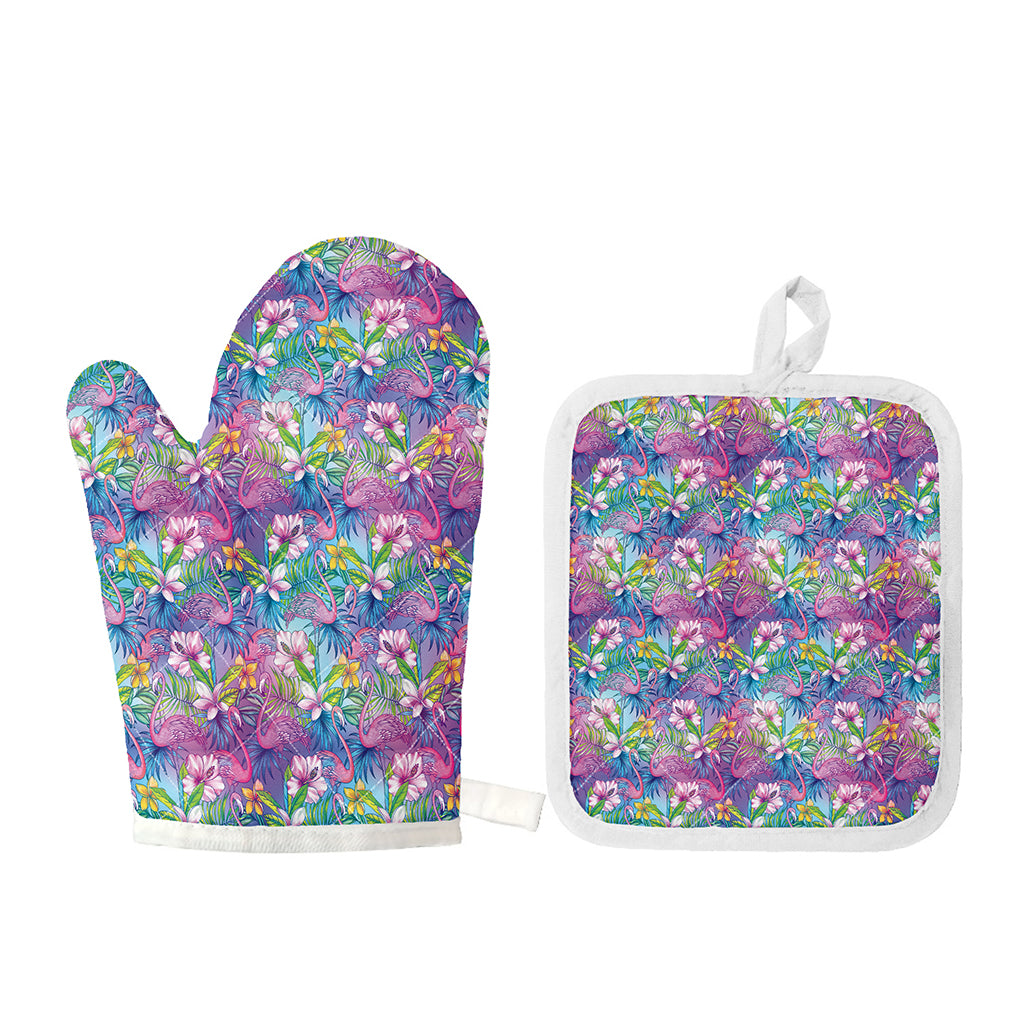Tropical Flamingo And Hibiscus Print Oven Mitt And Pot Holder Set