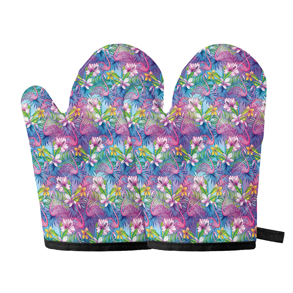 Tropical Flamingo And Hibiscus Print Oven Mitts