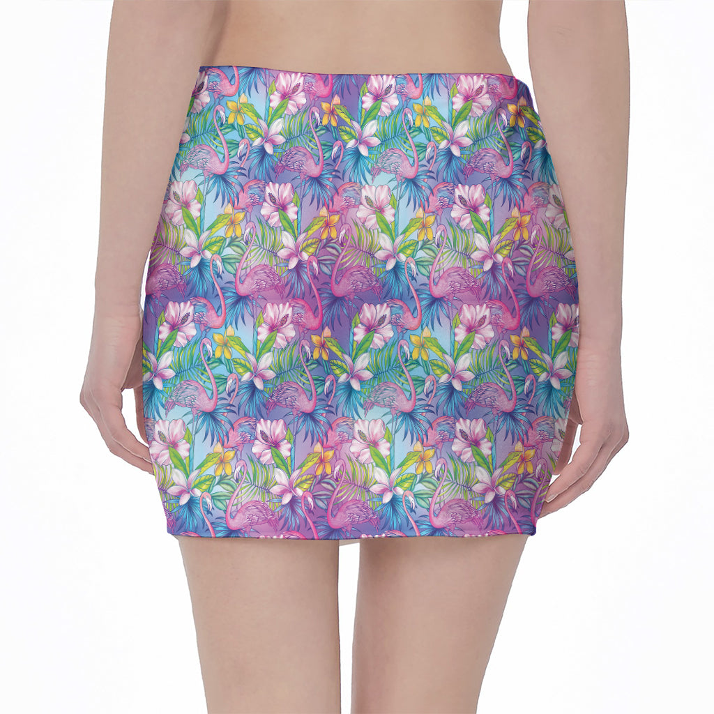 Tropical Flamingo And Hibiscus Print Pencil Mini Skirt
