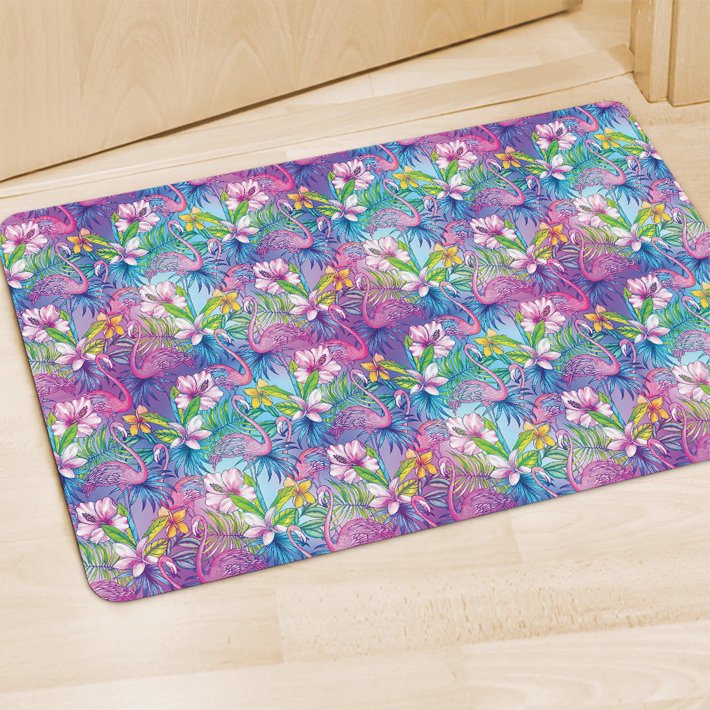 Tropical Flamingo And Hibiscus Print Polyester Doormat