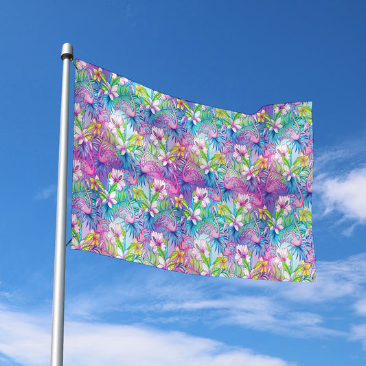Tropical Flamingo And Hibiscus Print Polyester Flag