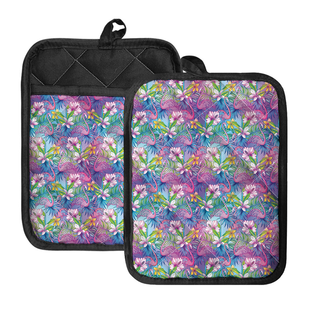 Tropical Flamingo And Hibiscus Print Pot Holders With Pocket