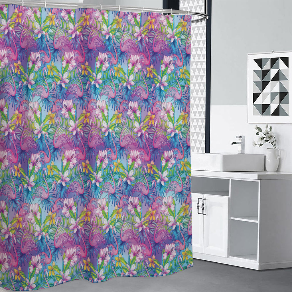 Tropical Flamingo And Hibiscus Print Premium Shower Curtain