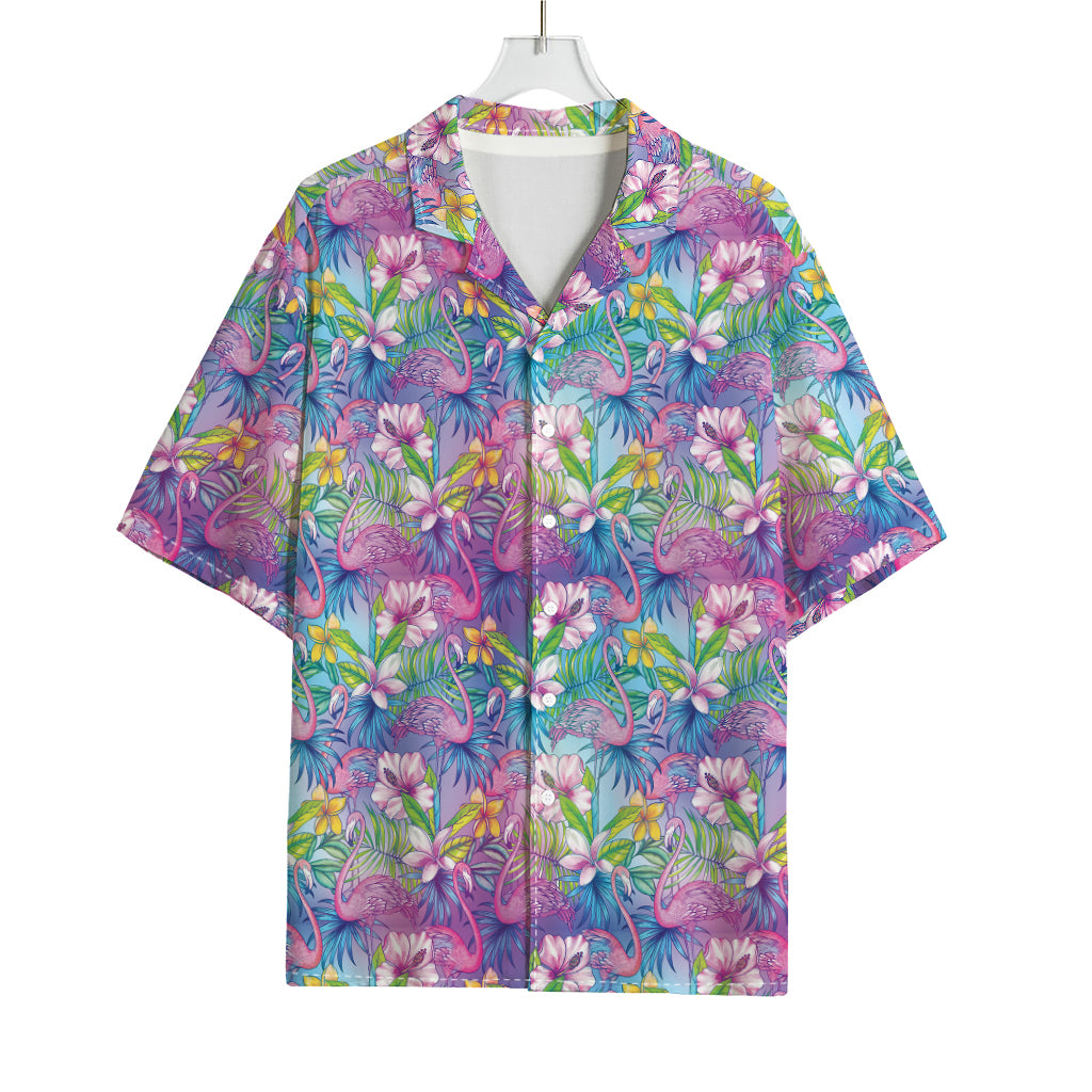 Tropical Flamingo And Hibiscus Print Rayon Hawaiian Shirt