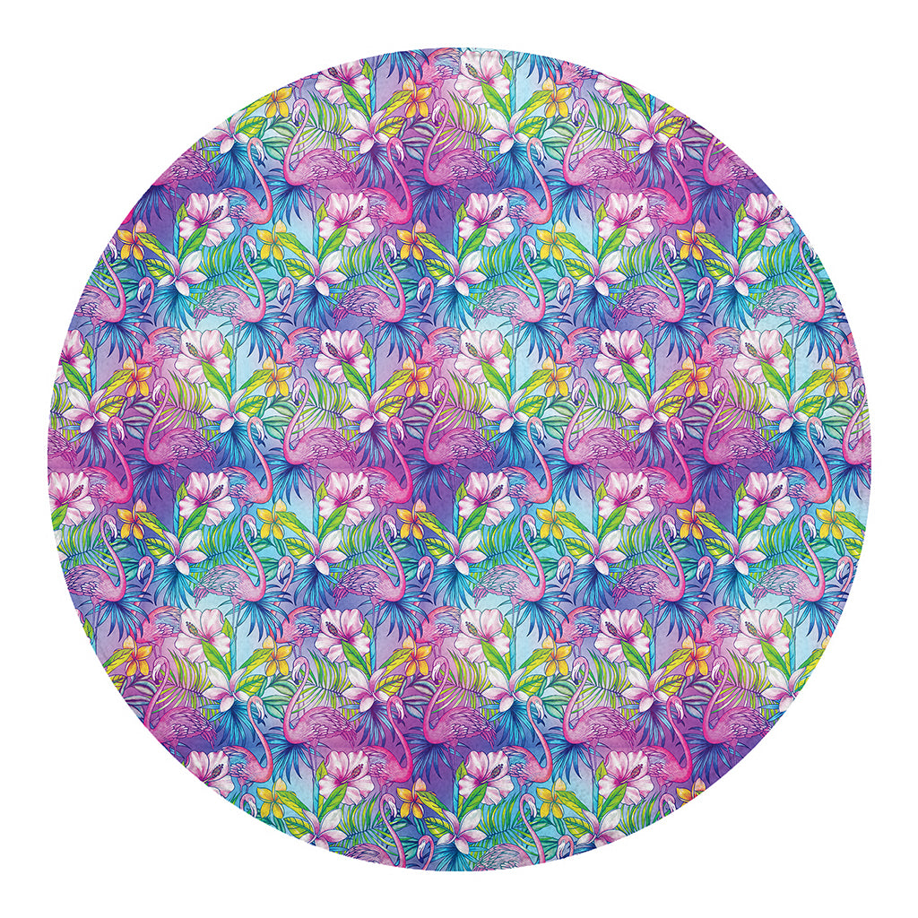 Tropical Flamingo And Hibiscus Print Round Blanket