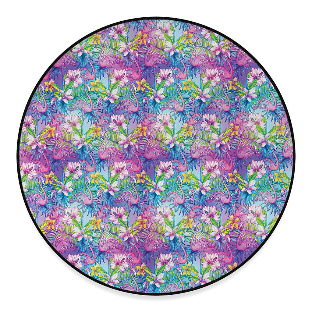 Tropical Flamingo And Hibiscus Print Round Floor Mat