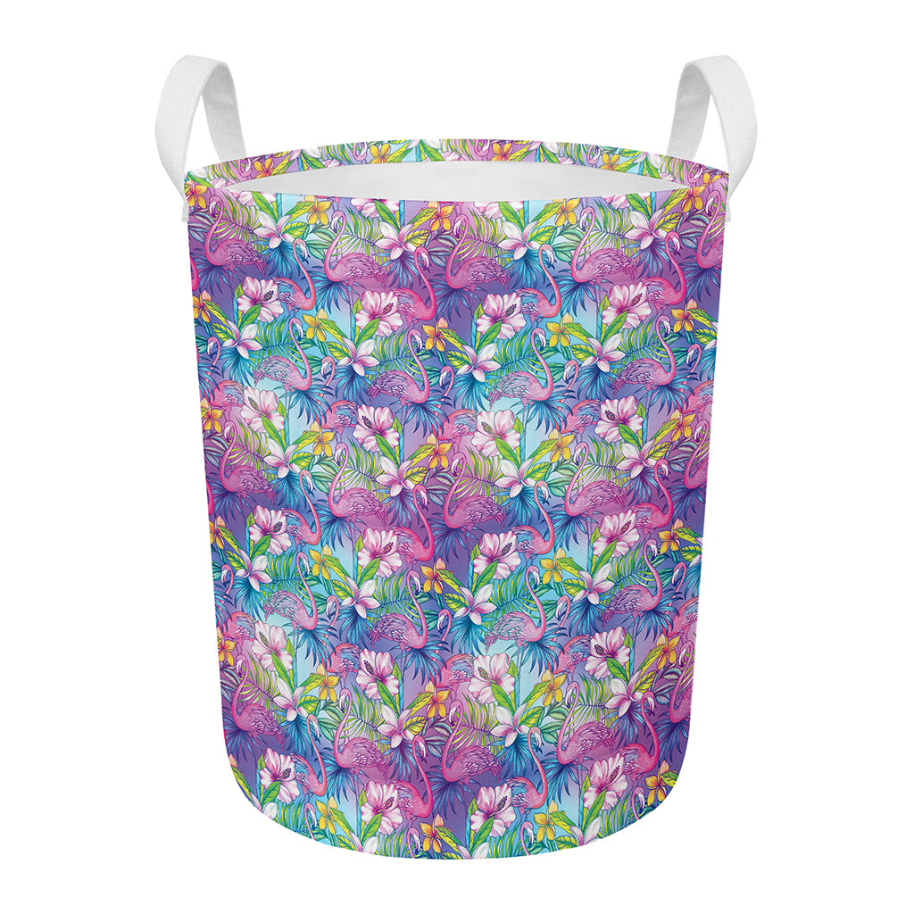 Tropical Flamingo And Hibiscus Print Round Laundry Basket