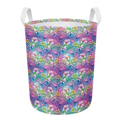 Tropical Flamingo And Hibiscus Print Round Laundry Basket
