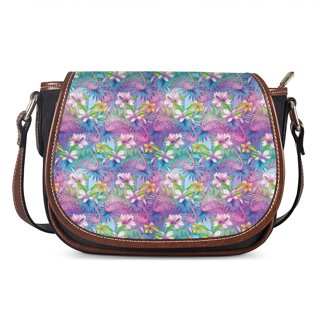 Tropical Flamingo And Hibiscus Print Saddle Bag