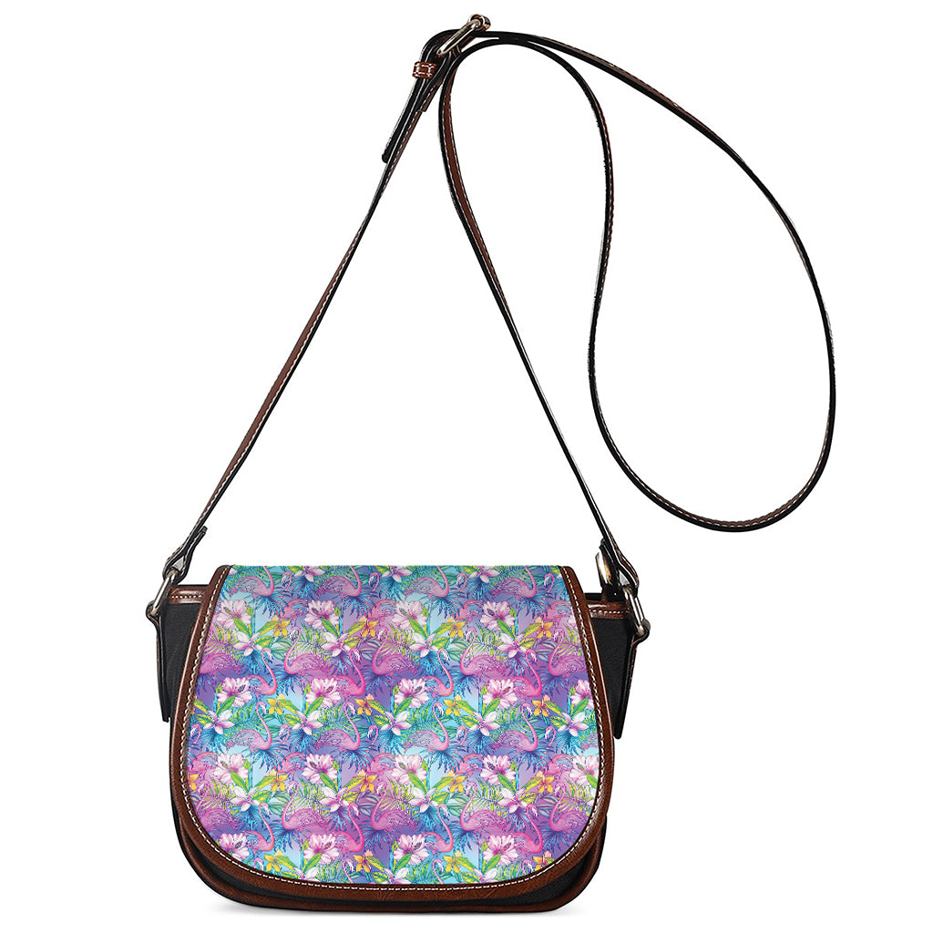 Tropical Flamingo And Hibiscus Print Saddle Bag