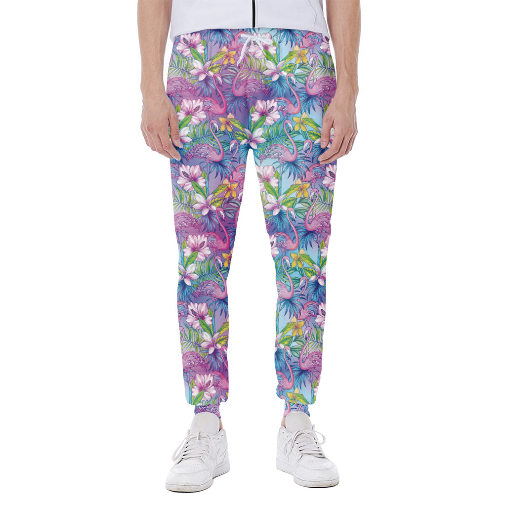 Tropical Flamingo And Hibiscus Print Scuba Joggers