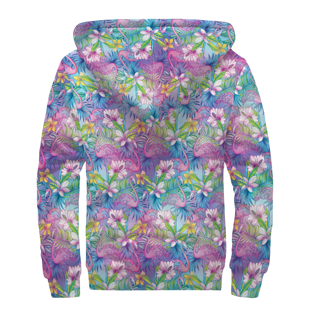 Tropical Flamingo And Hibiscus Print Sherpa Lined Zip Up Hoodie