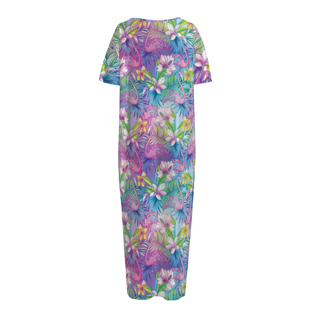 Tropical Flamingo And Hibiscus Print Short Sleeve Long Nightdress