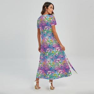 Tropical Flamingo And Hibiscus Print Short Sleeve Maxi Dress