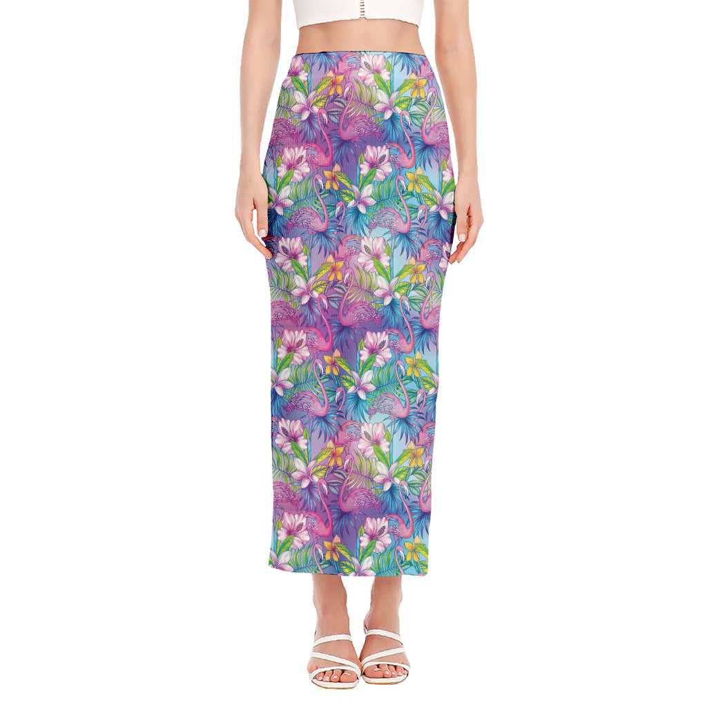 Tropical Flamingo And Hibiscus Print Side Slit Maxi Skirt