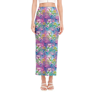 Tropical Flamingo And Hibiscus Print Side Slit Maxi Skirt