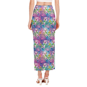 Tropical Flamingo And Hibiscus Print Side Slit Maxi Skirt