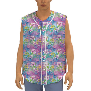 Tropical Flamingo And Hibiscus Print Sleeveless Baseball Jersey