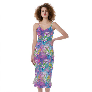 Tropical Flamingo And Hibiscus Print Slim Fit Midi Cami Dress